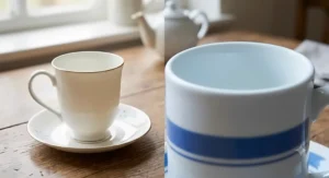 Close-up of a bone china mug with a warm ivory glaze next to a porcelain mug with a starker blue-white tint.