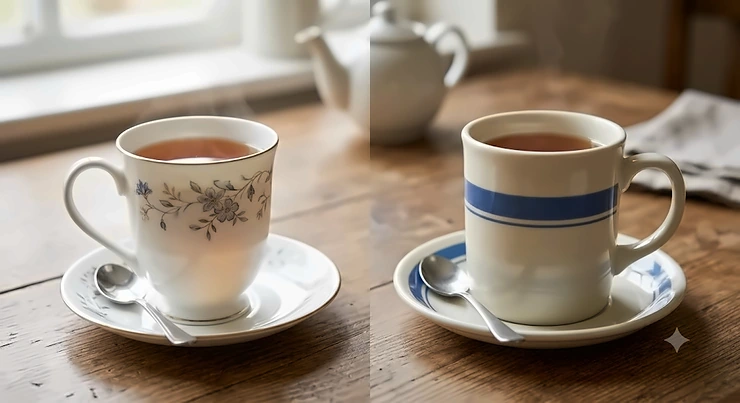 A side-by-side comparison of a translucent bone china mug and a dense porcelain mug showing differences in thickness and colour.