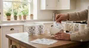 An illustration showcasing the traditional British pottery manufacturing process of shaping and firing fine bone china mugs.
