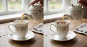 Freshly brewed English breakfast tea being poured into an elegant British bone china mug.