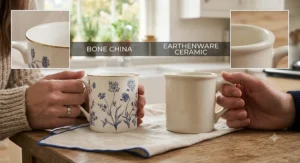 A side-by-side material comparison chart illustrating the differences in weight, colour creaminess, and rim thickness between bone china and porcelain mugs.