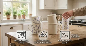 An easy-to-follow care illustration showing best practices for cleaning fine bone china mugs, including dishwasher safe symbols and handwashing tips.