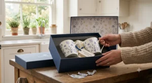 A luxury presentation gift box opened to display a matching set of four patterned bone china mugs, ideal for weddings or housewarming gifts.