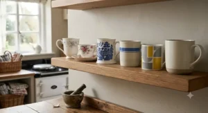A classic UK kitchen setting featuring a selection of patterned bone china and contemporary porcelain mugs on a shelf.