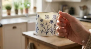 An illustration demonstrating how to check bone china quality by holding a fine china mug up to the light to reveal its characteristic translucency.