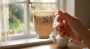 A delicate white bone china mug held up to the light to demonstrate its signature translucent quality.
