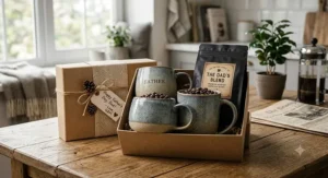 Artisan large coffee mug sets as gifts for Fathers Day paired with a bag of premium roasted espresso beans.