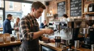 A barista filling a reusable travel mug for espresso at a British high street coffee shop.
