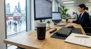 A ceramic-lined travel mug sitting on a modern office desk alongside a keyboard and notepad.