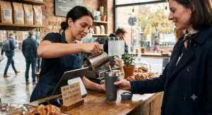 A barista filling an eco-friendly travel mug at a local coffee shop counter for a commuter.