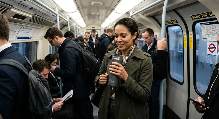 A commuter holding a leakproof travel mug on a busy London Underground tube carriage during the morning rush hour.
