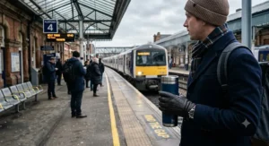 A commuter holding a stainless steel travel mug that keeps coffee hot the longest while waiting on a train station platform during a chilly British morning.