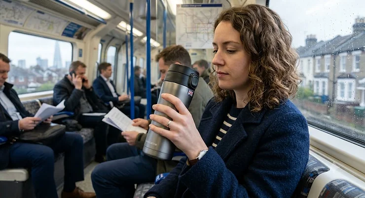 A person holding a sleek leakproof travel mug during their morning train commute into London.
