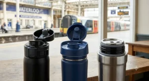 Comparison of leakproof travel mug lids showing secure push button, flip top and screw top mechanisms.