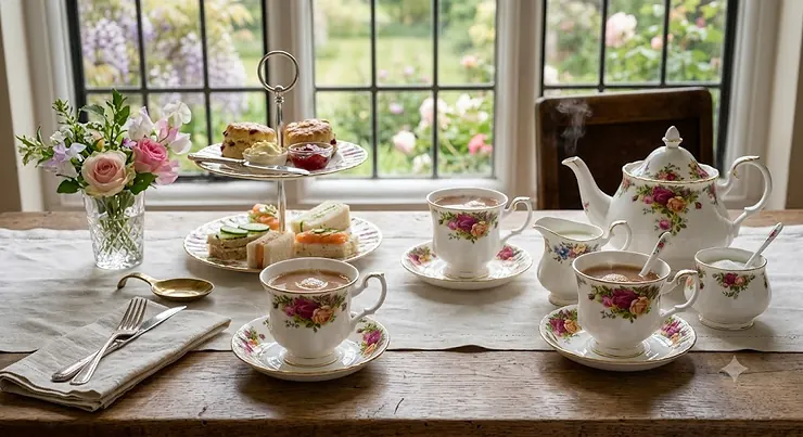 Elegant fine bone china mug set laid out on a table for a traditional British afternoon tea. best mug sets