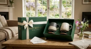 An premium mug set beautifully packaged in a gift box, ideal for a housewarming present.