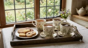 A matching four-piece mug set served on a wooden tray alongside a plate of classic British biscuits.