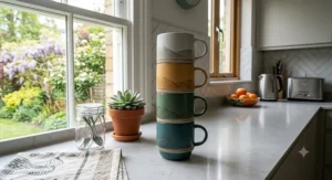 Modern stackable mug sets designed to save space on a contemporary British kitchen countertop.