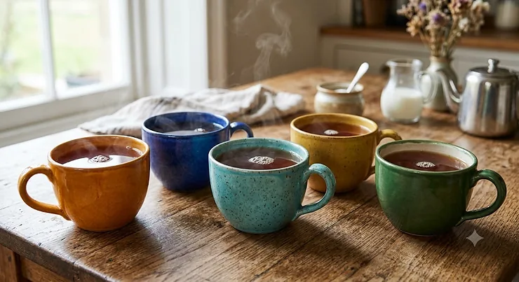 A selection of the best oversized mugs in colourful ceramic, filled with hot English breakfast tea on a wooden kitchen table.