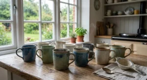 Four stackable white porcelain mugs stored neatly inside a contemporary British kitchen cupboard.