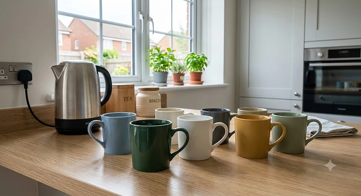 A white porcelain mug filled with English breakfast tea next to a digestive biscuit on a wooden table. best porcelain mugs
