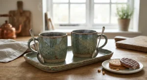 Two of the best stoneware mugs in a beautiful speckled glaze, served on a matching tray next to a plate of British biscuits.