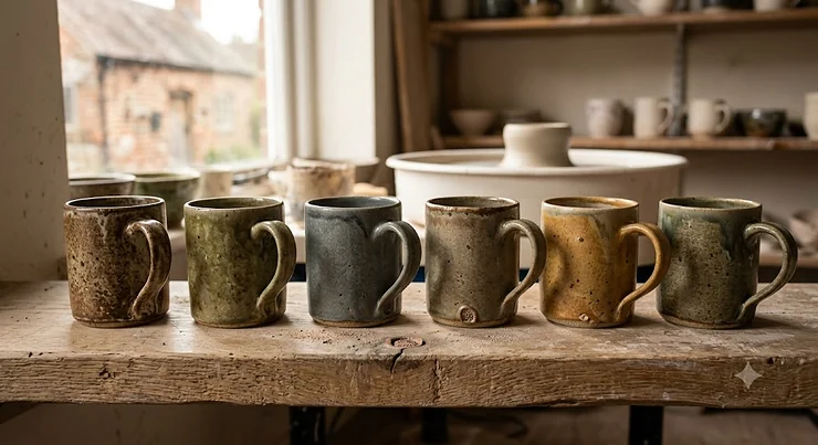 A row of the best stoneware mugs handcrafted by a UK artisan potter, showcasing rustic textures and earth-toned glazes perfect for morning tea.