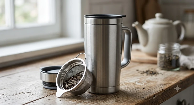 A stainless steel travel mug for tea with a built-in infuser basket for loose leaf brewing.