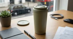 An eco-friendly ceramic-lined travel mug for tea resting on an office desk.