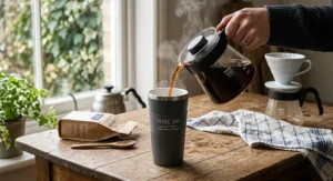 Pouring fresh filter coffee into a ceramic-lined travel mug that keeps coffee hot the longest without metallic aftertaste.