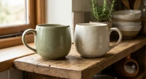 Two chunky stoneware oversized mugs in sage green and cream sitting on a rustic wooden kitchen shelf.