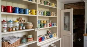 A vibrant collection of colourful ceramic mugs neatly organised on shelves in a traditional British larder.