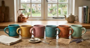 An array of colourful stoneware mugs displayed together, making an ideal birthday or housewarming gift set for tea lovers.