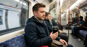 A commuter holding a compact travel mug for espresso while sitting on a train.