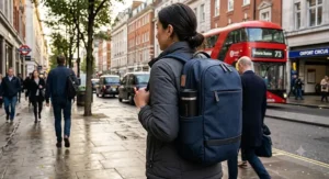 A compact insulated travel coffee cup tucked securely into the side pocket of a commuter backpack.