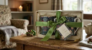 Designer British heritage William Morris style patterned mug sets as gifts neatly wrapped with a satin green ribbon.