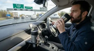 Driver taking a drink from a travel mug sitting in a car cup holder on a UK motorway