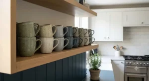 A collection of durable ceramic stoneware mugs neatly stacked on an open oak shelf in a contemporary British kitchen.