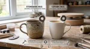 An illustrative guide demonstrating the durability and chip resistance of stoneware versus ceramic mugs.