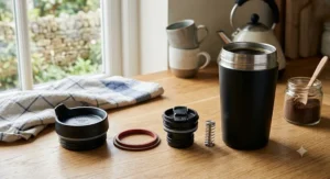 A disassembled dishwasher-safe travel mug that keeps coffee hot the longest, showing the easy-clean lid components separately.