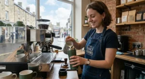 A reusable leakproof travel mug being filled by a barista at a local British high street coffee shop.