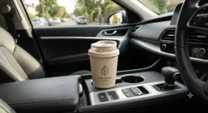 Eco-friendly reusable travel mug placed securely in a car cup holder for daily travel
