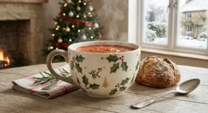 A festive winter themed oversized mug used for serving hot tomato soup, placed next to a crusty bread roll.
