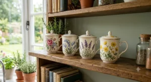 A matching set of colourful floral porcelain mugs with lids neatly arranged on a wooden kitchen shelf.
