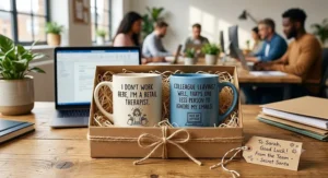 Funny workplace themed mug sets as gifts for a colleague leaving present or secret Santa exchange.