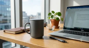 A modern charcoal grey porcelain coffee mug with a lid sitting on an office desk next to a laptop.