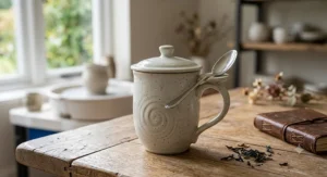An artisan handcrafted porcelain tea mug with a matching ceramic lid and a silver teaspoon.