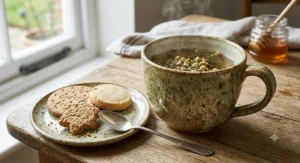 An artisan handcrafted pottery oversized mug steaming with herbal tea next to a plate of biscuits.