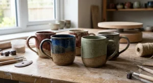 Close-up of handcrafted artisan stoneware mugs showing the earthy clay texture and unique glaze variations.