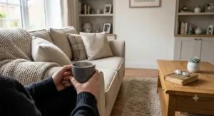 A person holding a handmade British porcelain mug of coffee in a cosy autumn living room setting.